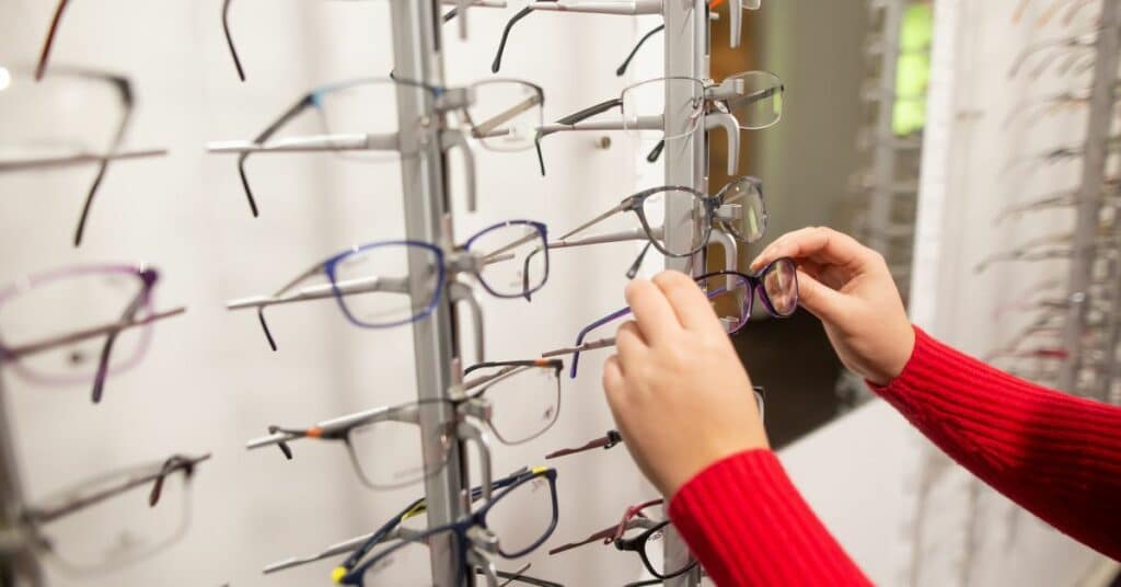 Selection of eyeglasses at an optical shop